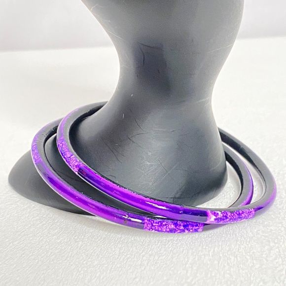 Glass Bangle Bracelets Set Of Two Purple Base Lavander Floral Design - Picture 2 of 7